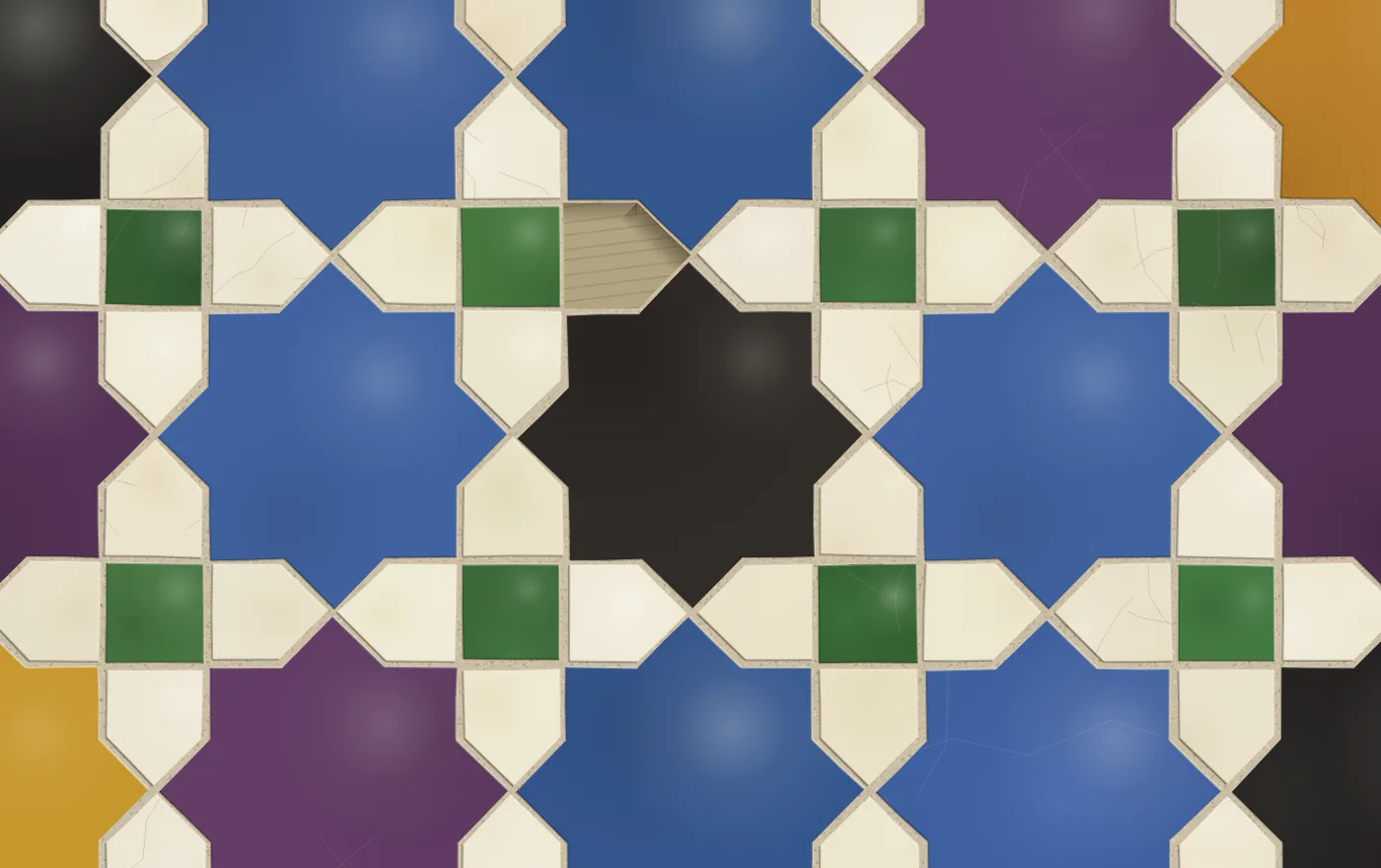 A close view of cut tile: white crosses with green centres, blue and black stars, fine crazing in the white glaze, and one piece missing to show the combed mortar bed beneath