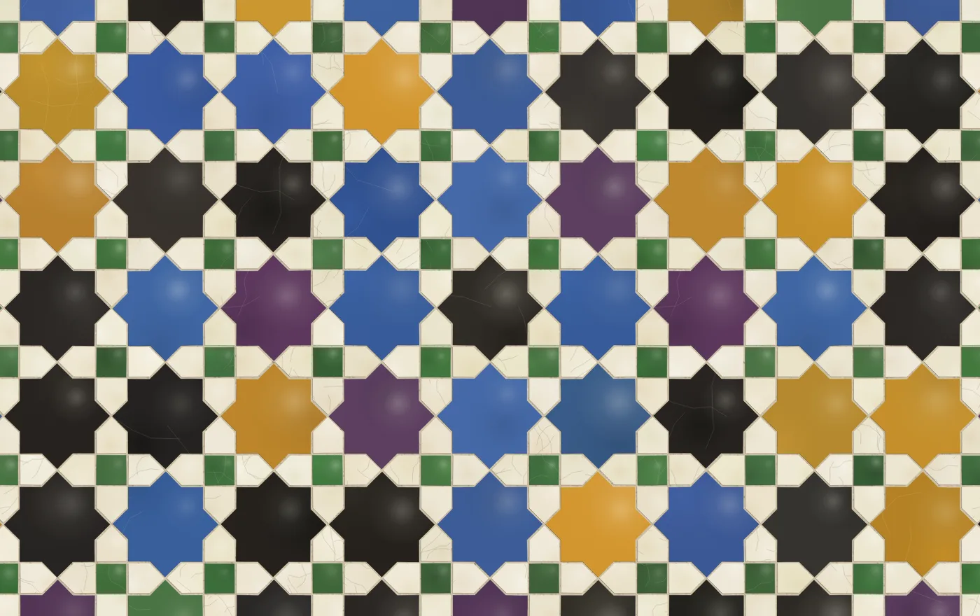 A wall of eight-point stars in blue, black, honey and purple glazed tile, with white crosses and small green squares between, every piece edged by pale mortar