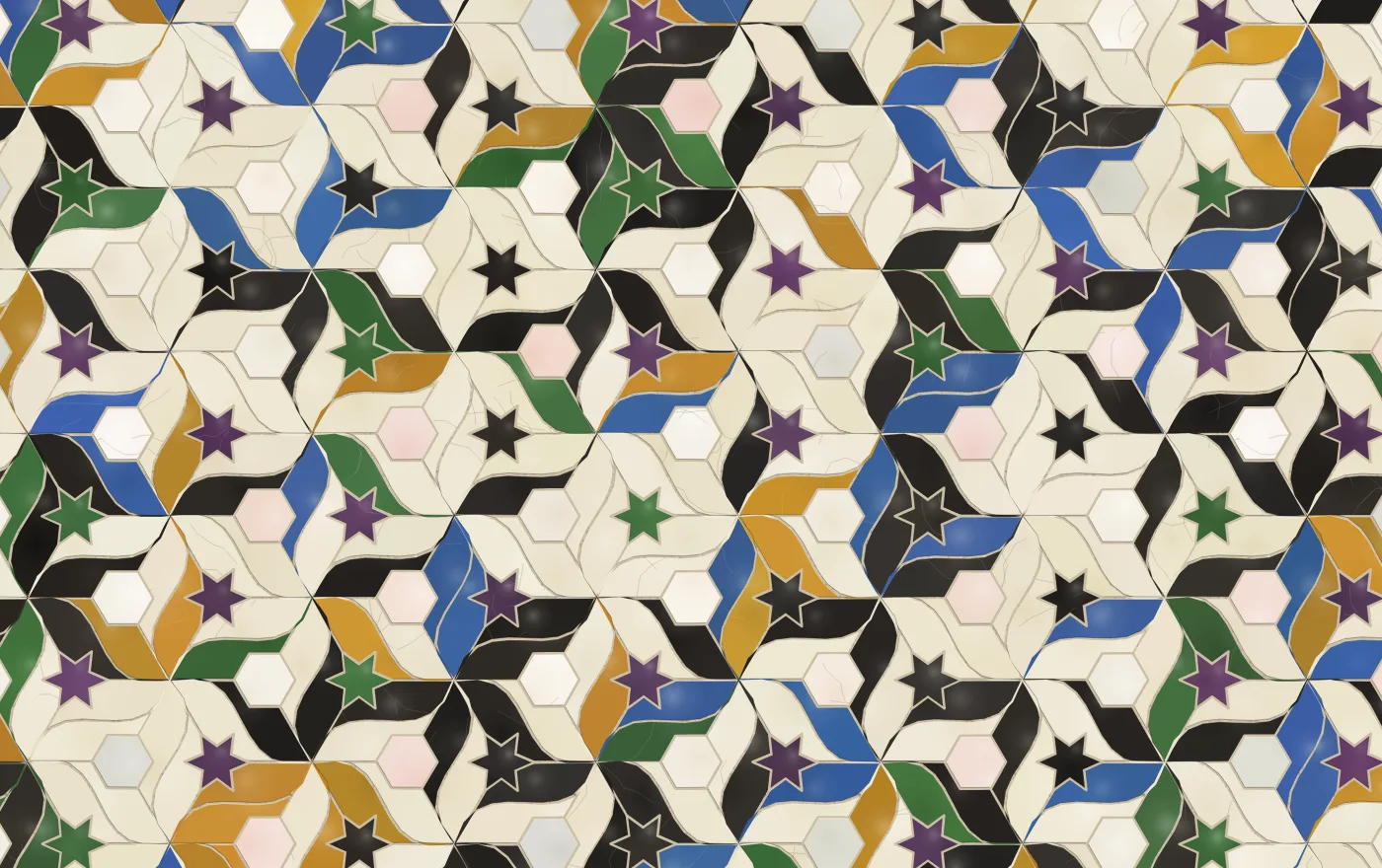 Interlocking bird shapes in cream, black, honey, green and blue around white hexagons and small stars in purple, black and green