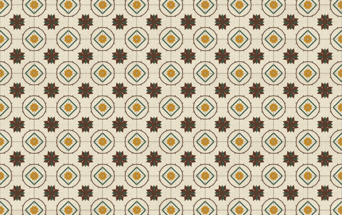 Cream cement tiles each carrying an eight-point star in ochre inside a green diamond and a brown ring, with brown stars where four tiles meet