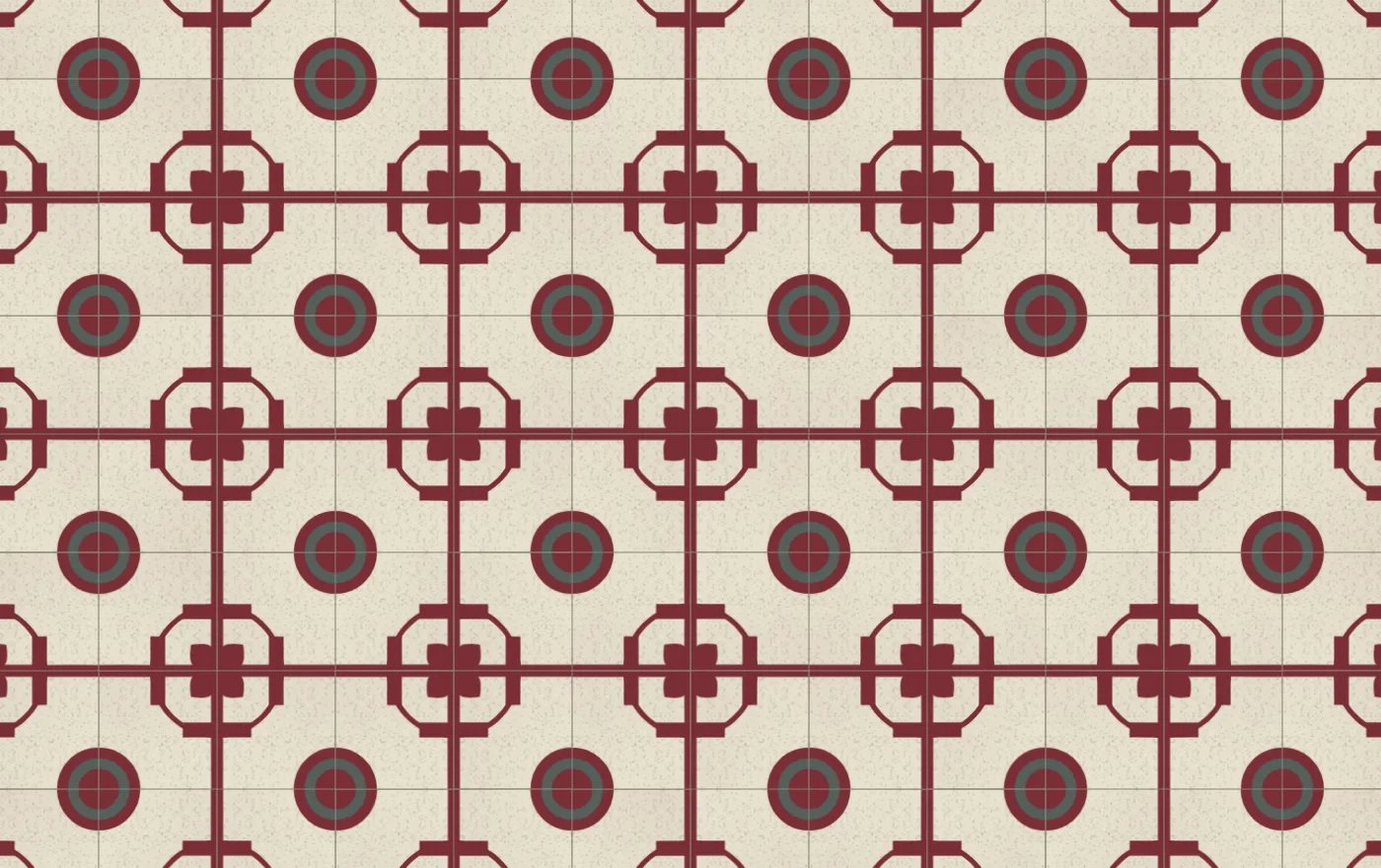 A floor of burgundy cement tiles on cream: octagonal frames around four-petal flowers, concentric rings at the corners, a grid of burgundy lines through every join