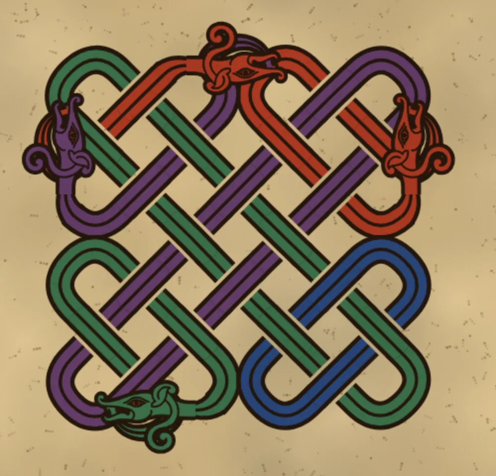 A close view of a knot in split ribbons of red, purple, green and blue on vellum, with four hound heads around it, each lying along the edge with the end of another ribbon curled up into its jaws
