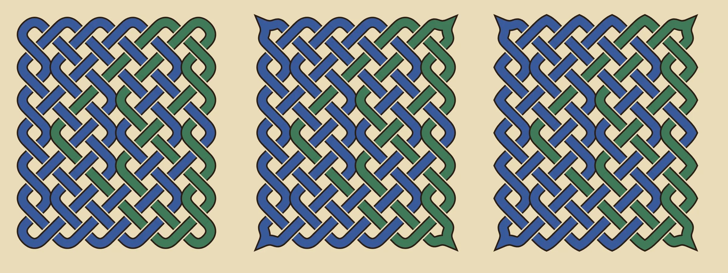 Three copies of the same blue and green knot. The first has rounded turns everywhere, the second has sharp points in its four corners, the third has points on every turn along the rim as well