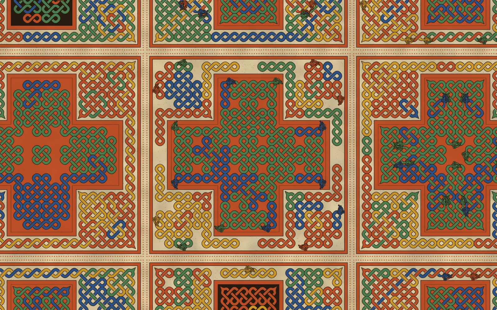 A wall of manuscript pages, each a plus-shaped cross of green and blue interlace on red, set in a channel, with a second knot of red, yellow and green ribbons filling the bare vellum around it, and small hound heads at the edges