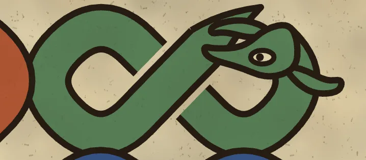 A green ribbon ending in a crude head with an eye, two spikes on top like horns and a flap sticking out at the back like a tongue