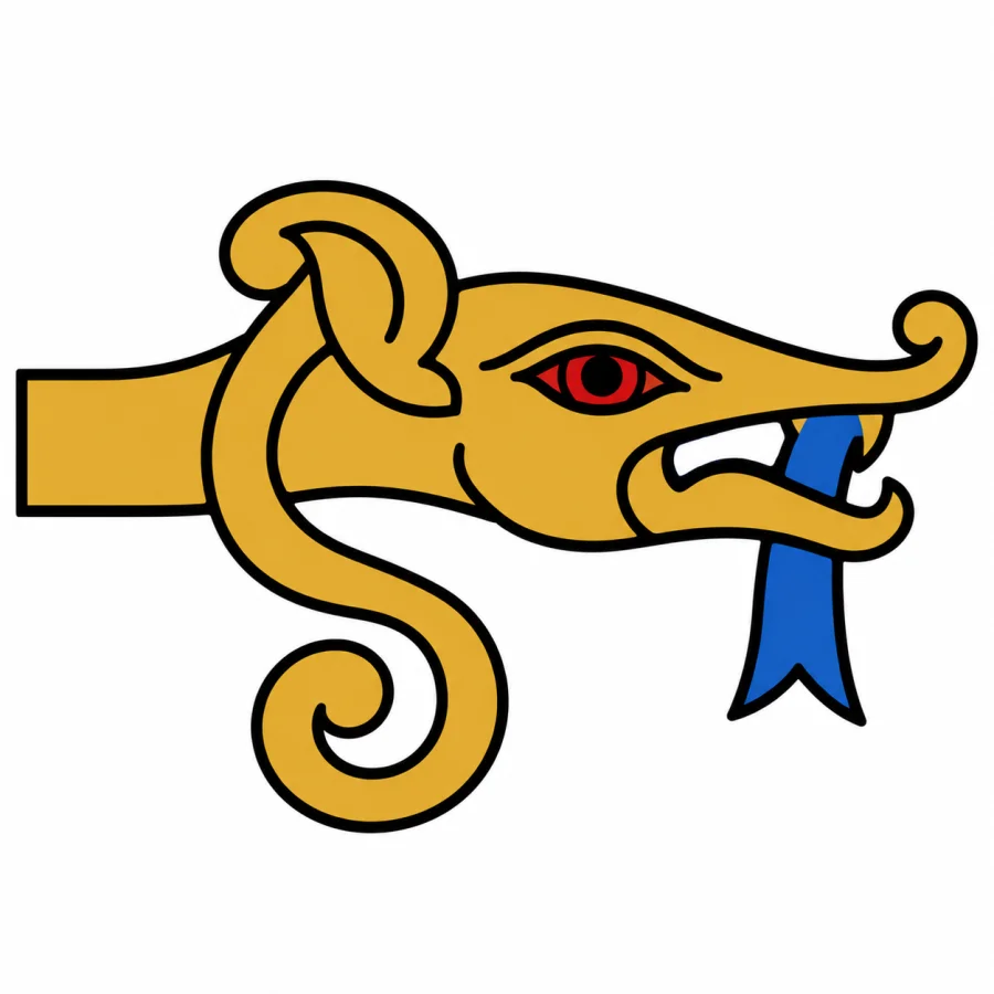 A flat gold hound's head in profile with a red almond eye, a curled lappet off the back of the skull and a long snout, holding a blue ribbon in its open jaws