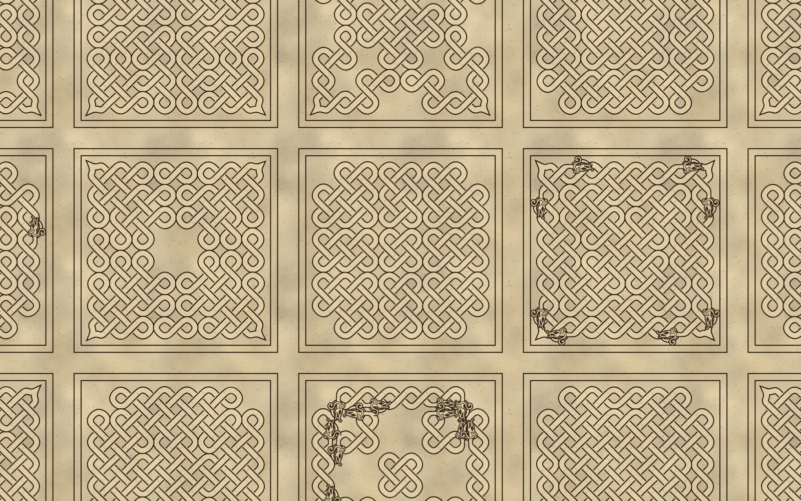 Panels of interlace drawn in brown ink on uncoloured vellum, each in a ruled double frame, with small hound heads along the edges of some panels