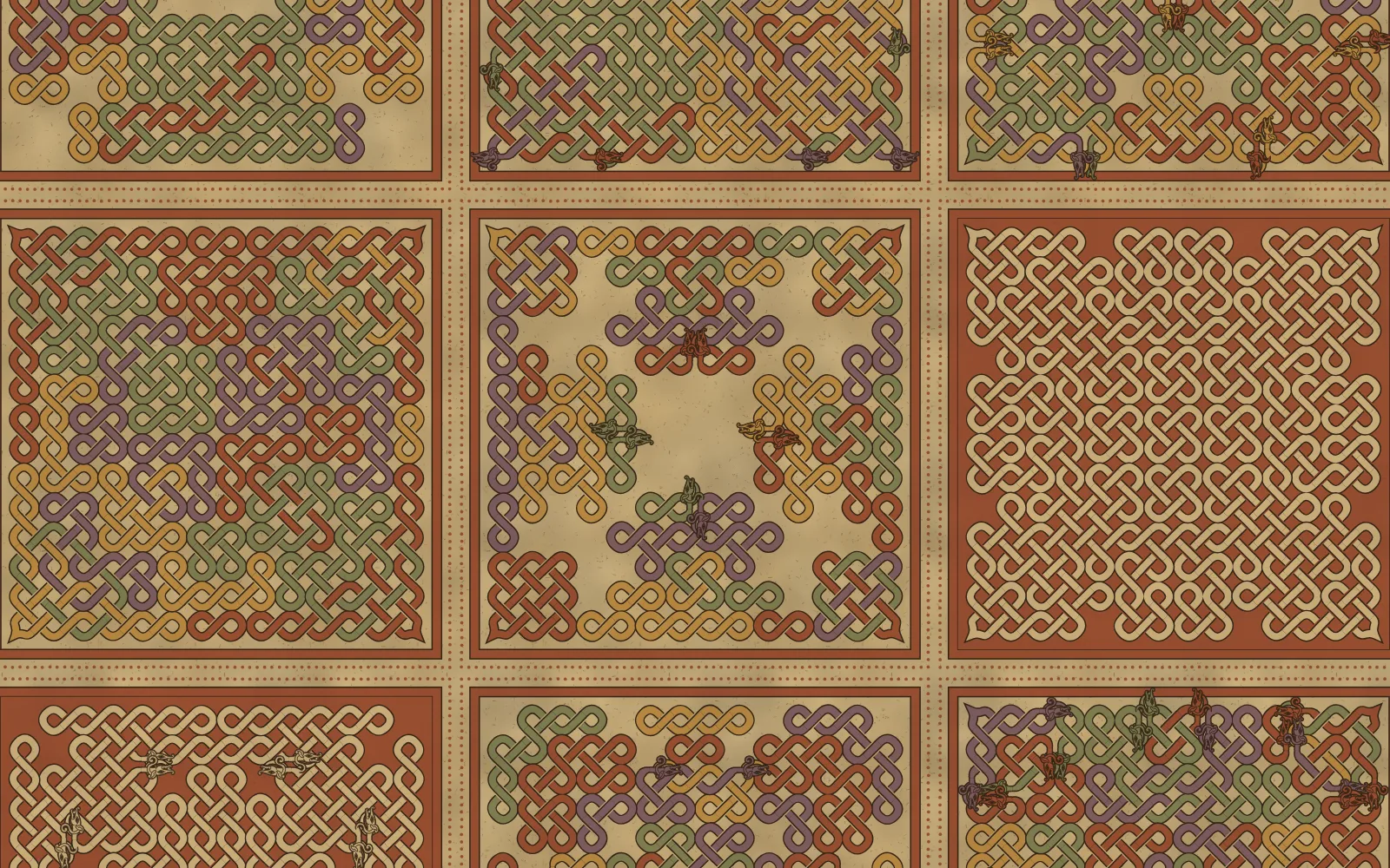 A large square page of faded red, yellow, green and purple interlace on vellum, with a bare field in the middle where a few hound heads face each other