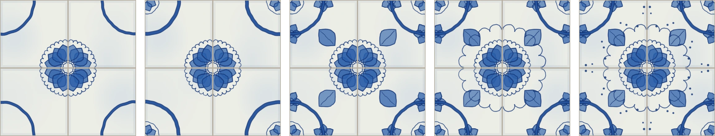 Five four-tile modules of the same rosette, gaining a bud, leaves, a band, a scalloped ring and dots as the density rises
