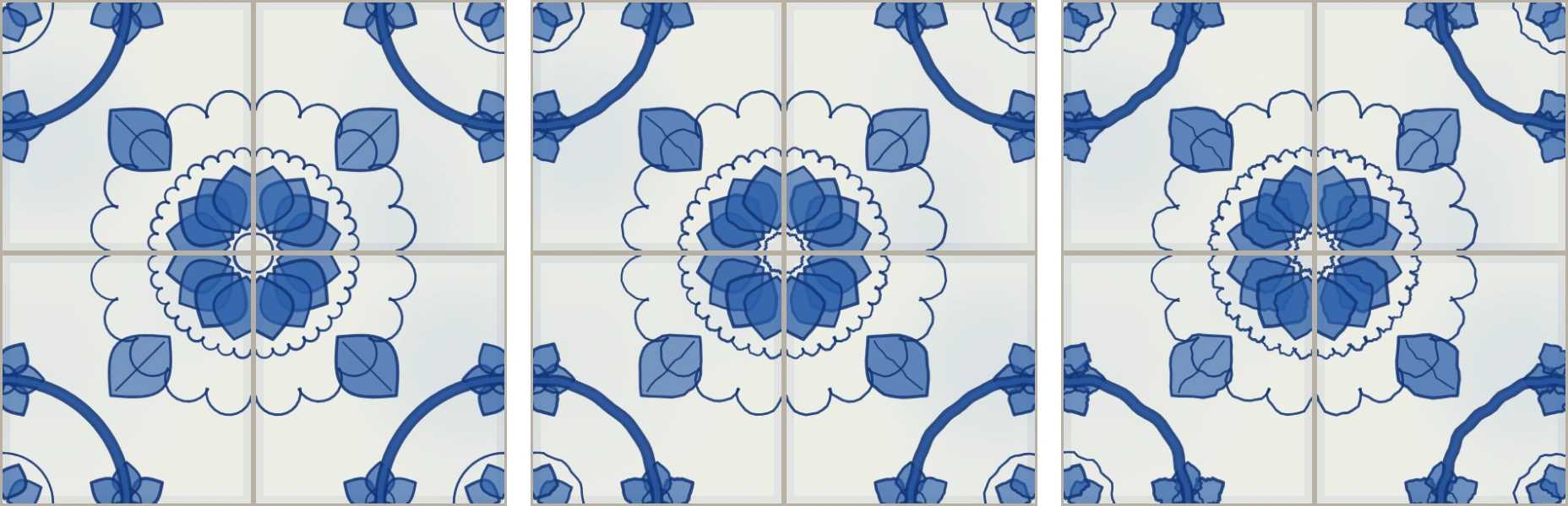 The same four-tile rosette painted three times, the lines growing more uneven from left to right