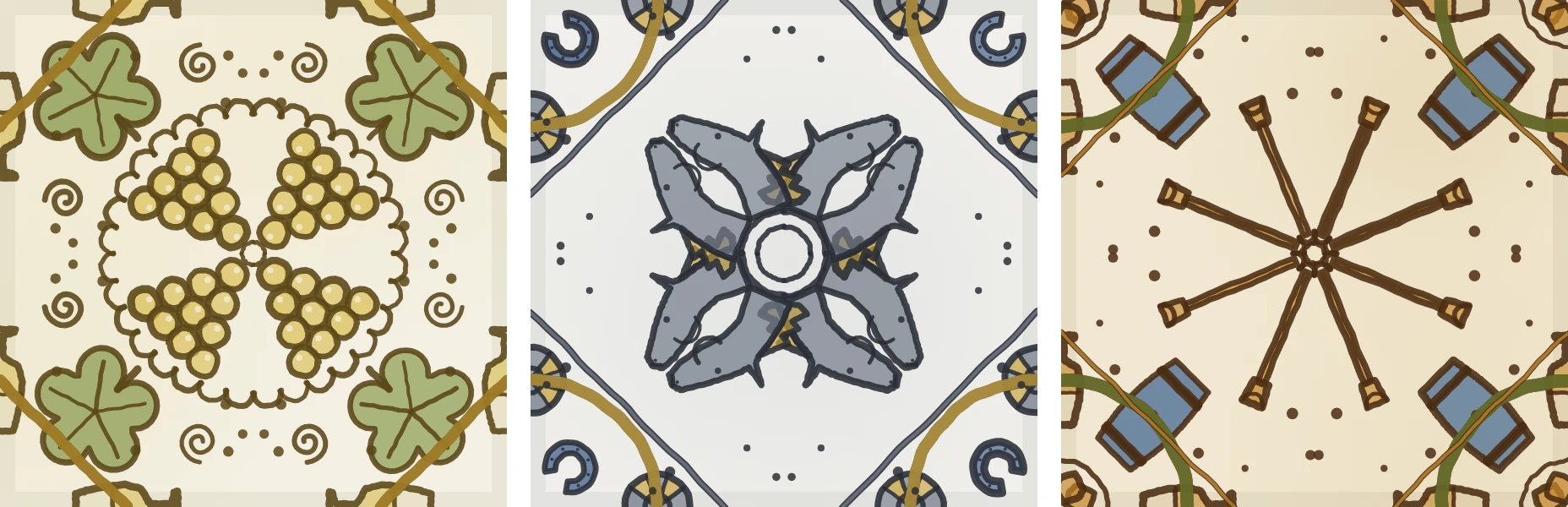 Three whole tiles: a ring of grape bunches with vine leaves, four grey horses' heads meeting at the centre with horseshoes in the corners, and crossed venencias with botas on the diagonals