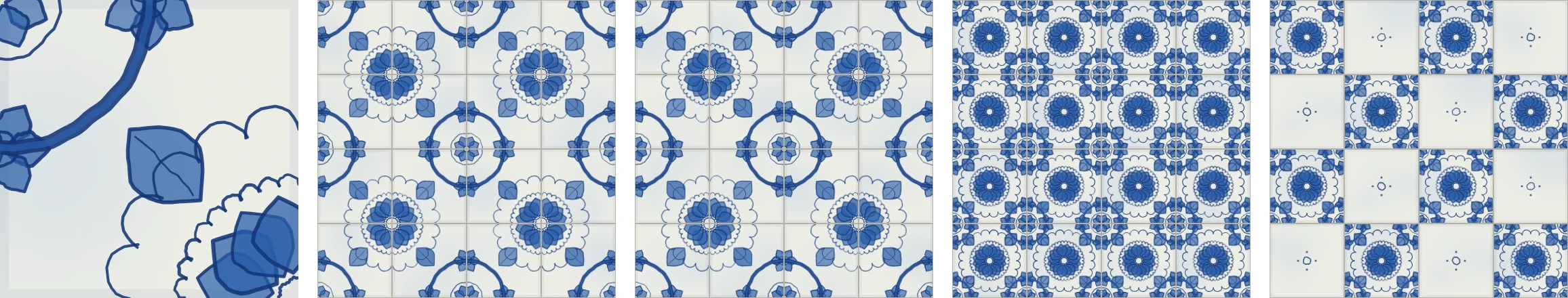 One painted tile on its own, then the same design laid as a mirrored module, a turned module, single whole tiles, and a checker of painted and plain tiles