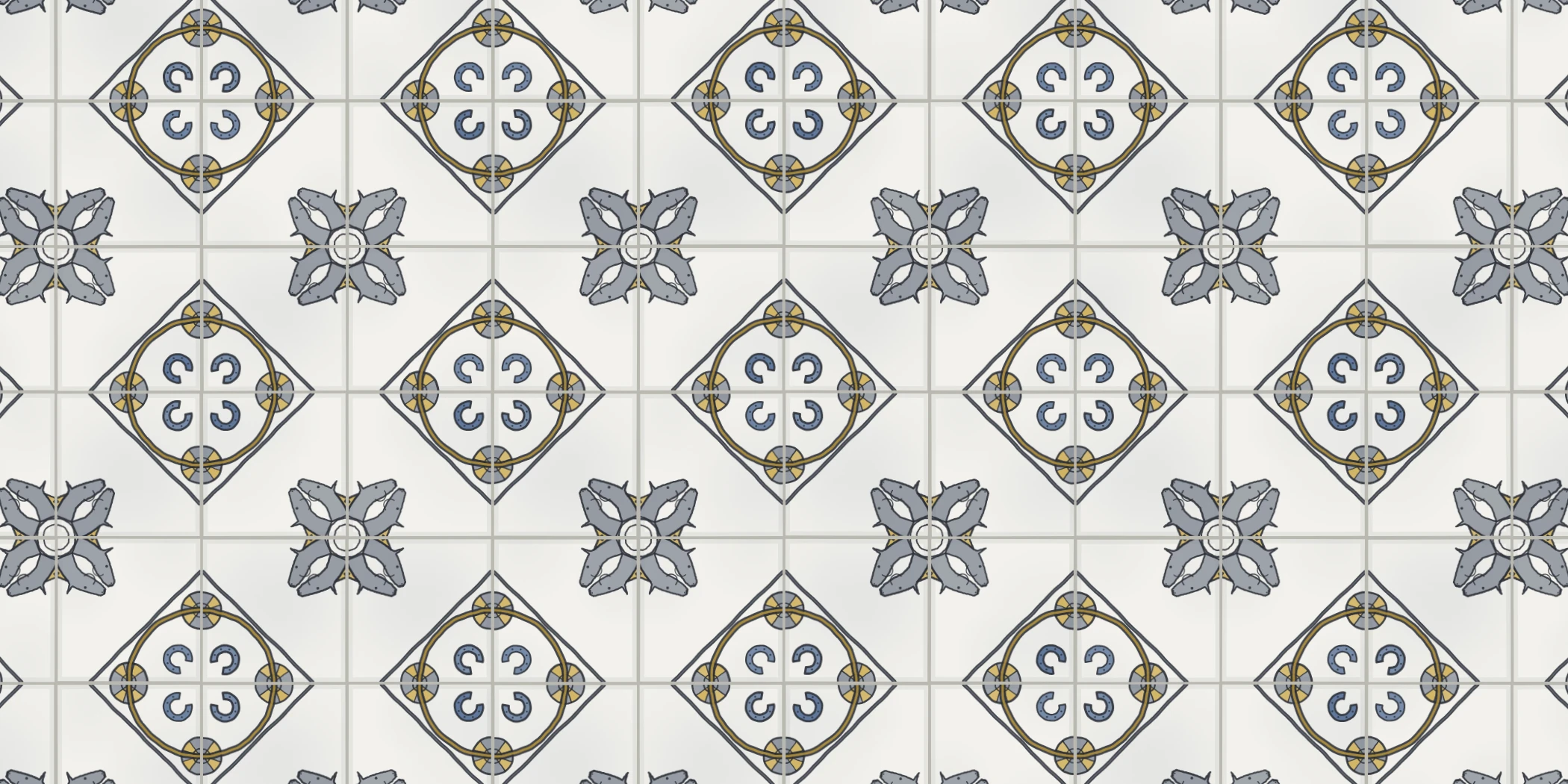 A wall of grey and white tiles where eight horses' heads meet around each point and four horseshoes cluster at every grout crossing