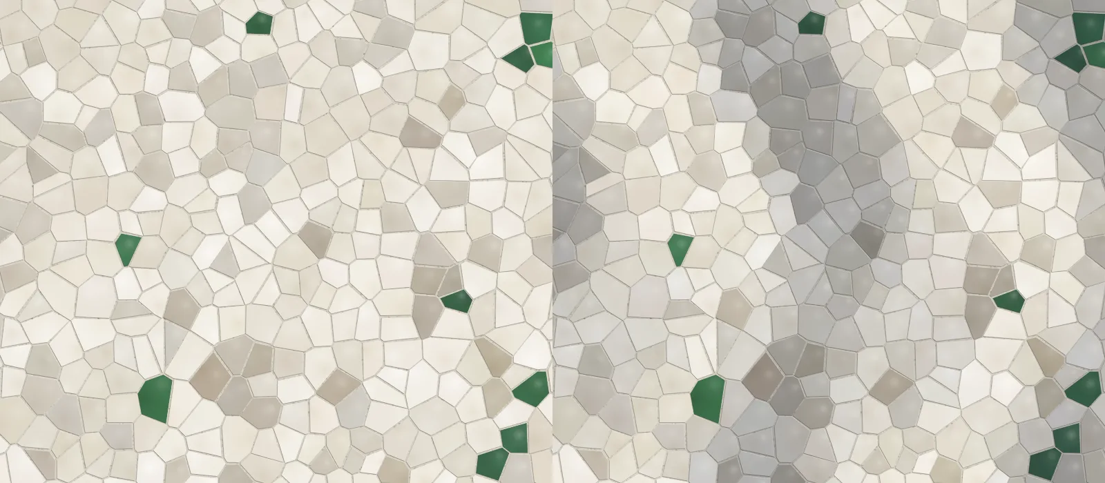 Two panels of cream, grey and white marble shards with the odd bottle-green piece, in lime. The left is flat and evenly lit. The right has a broad soft band of shadow curving down through it, with a lit swell either side