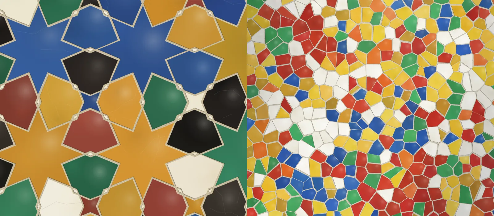 Two mosaics side by side. On the left, Alicatado's eight-point stars and kites in blue, gold, green, red, black and white, cut from glazed tile and bedded in lime. On the right, Trencadís's shards in red, yellow, white, green and cobalt, broken rather than cut, in the same lime