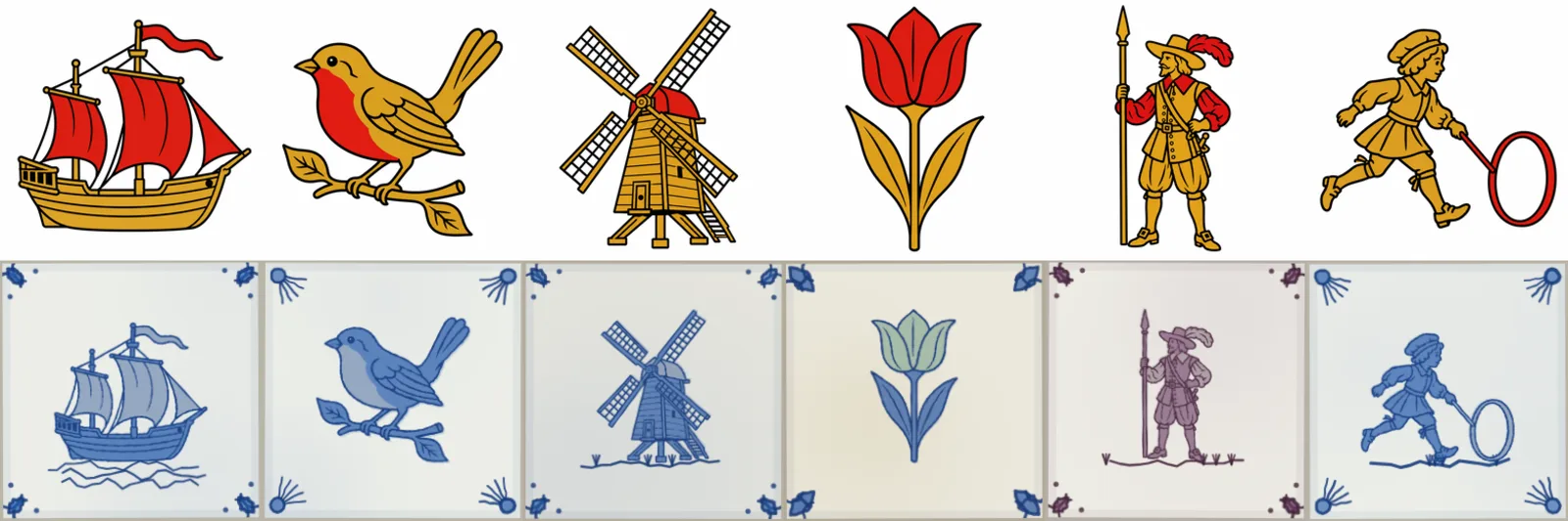 Two rows. The top row is six flat drawings on white: a gold ship with red sails, a gold robin with a red breast, a gold windmill with a red cap, a red tulip with gold leaves, a gold pikeman with red sleeves and feather, and a gold boy running with a red hoop. Below, the same six as Delft tiles, each a cobalt or manganese figure on tin white with corner motifs