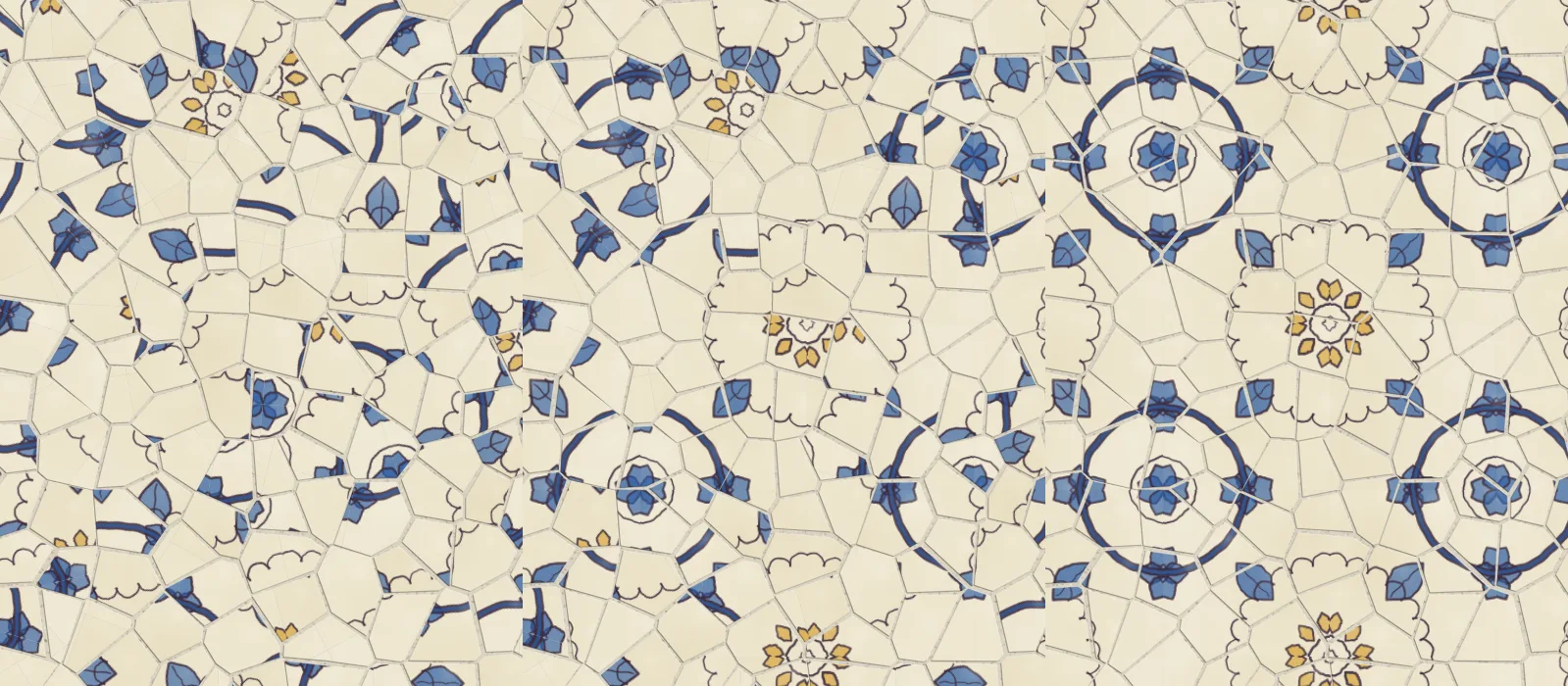 Three panels of the same broken painted wall in cobalt and ochre on cream. On the left the shards are scrambled and no pattern reads. In the middle fragments of rings and rosettes surface and stop. On the right the wall is only cracked and the rings and rosettes are whole